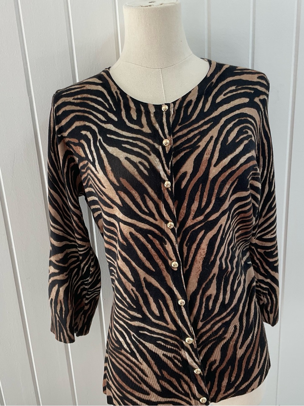 White House Black Market Black and Brown Zebra-Print Button Cardigan